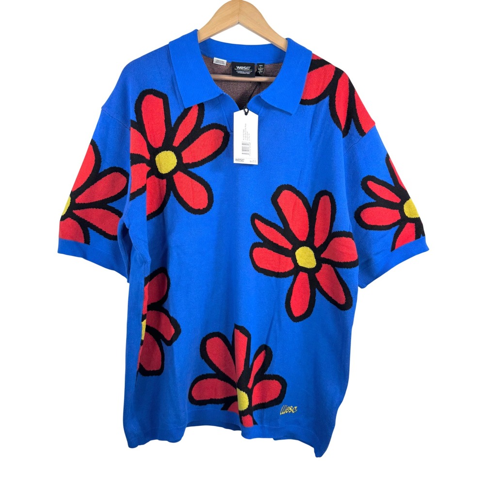 WESC Unisex Flower Knit Polo‎ Shirt Suomi Blue Red Daisy colorful retro sz L/XL
